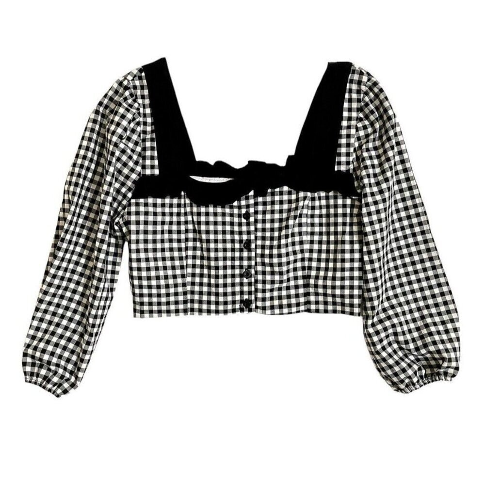 BCBGeneration Crop Top Ruffled Gingham Black White Blouse Top Shirt Sz M NWT - Picture 4 of 12